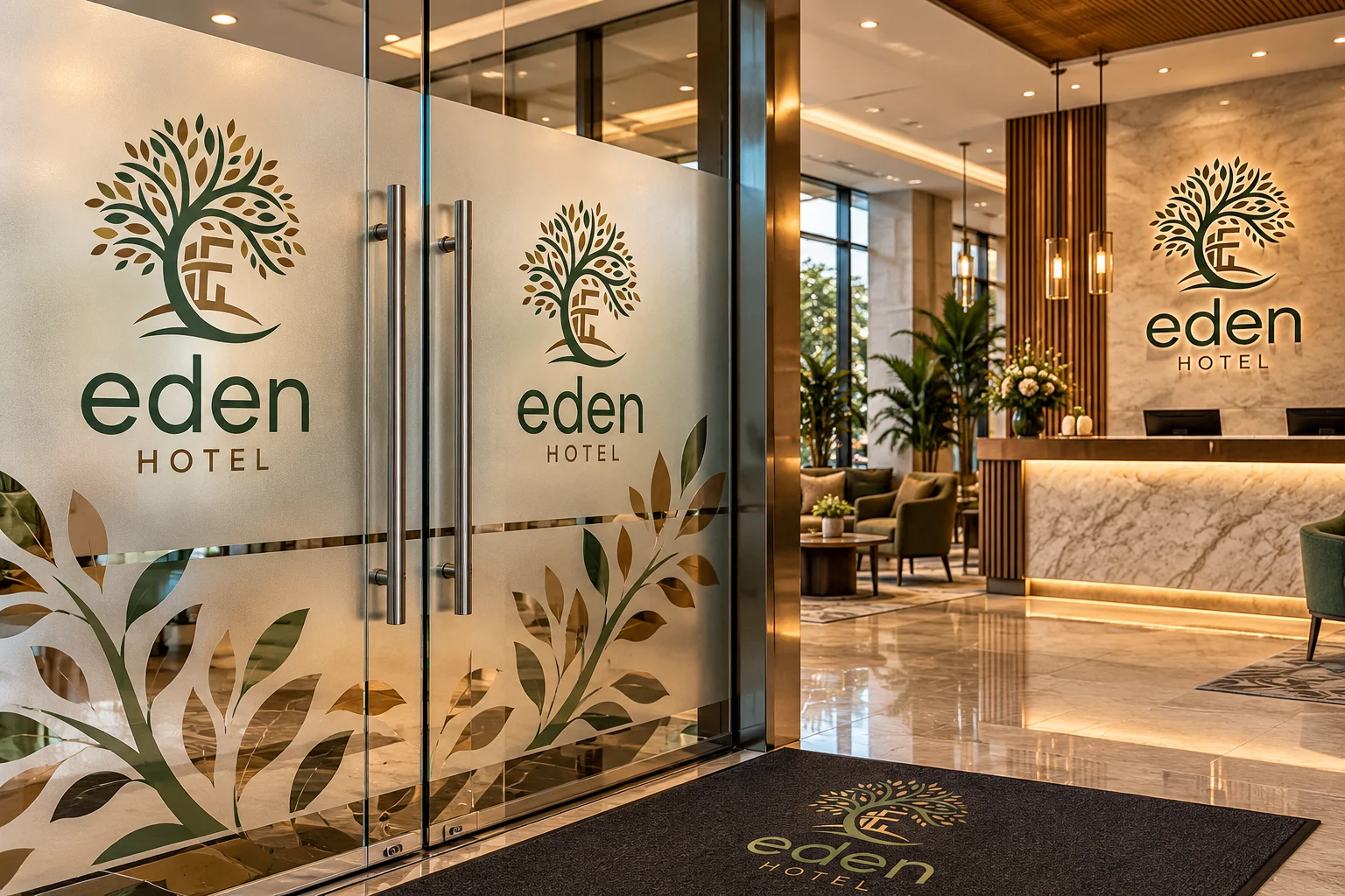 Eden Hotel identity applied to a hotel entrance